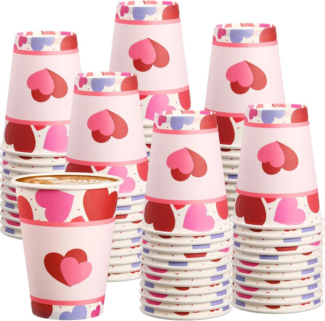 50 Pcs Valentine's Day Paper Cups 12 oz Valentines Coffee Cups Disposable Heart Paper Cup Hot Chocolate Tea Drinkware for Galentine's Day Party Coffee Bar Supplies(Vivid)