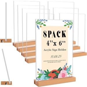 Smarpau 4x6 Acrylic Sign Holder with Wood Base, 8 Pack L/T Shape 2 in 1 Table Sign Stand Vertical or Slant Back Display, Photo Picture Frame, Menu Holder for Restaurant, Office, Store, Wedding