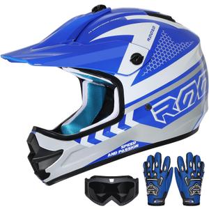 Youth Dirt Bike Helmet DOT Certified - Full Face Motorcycle Helmet for Off-Road, ATV, Street Riding, Includes Adjustable Goggles & Protective Gloves (X-Large, BLUE)