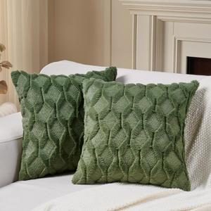 Volcanics Pack of 2 Faux Wool Throw Pillow Covers 20x20 Inches Decorative Farmhouse Velvet Couch Pillow Case Soft Plush Square Boho Cushion Pillowcase, Olive Green