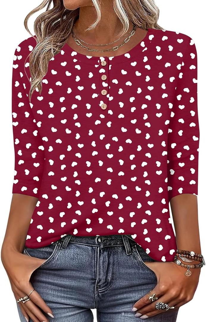 Zeagoo 3/4 Length Sleeve Women Tops Crew Neck Blouses Dressy Casual Summer T Shirts Loose Fit Business Work Clothes (Small, Kt52-red Love)