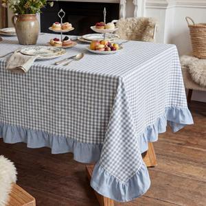 HunnmingRe Blue Gingham Plaid Ruffled Tablecloth 84 x 60 Inches 100% Cotton Checkered Rectangle Table Cloth Farmhouse Cottage Vintage Dining Table Cover Decor for Spring Holiday Party