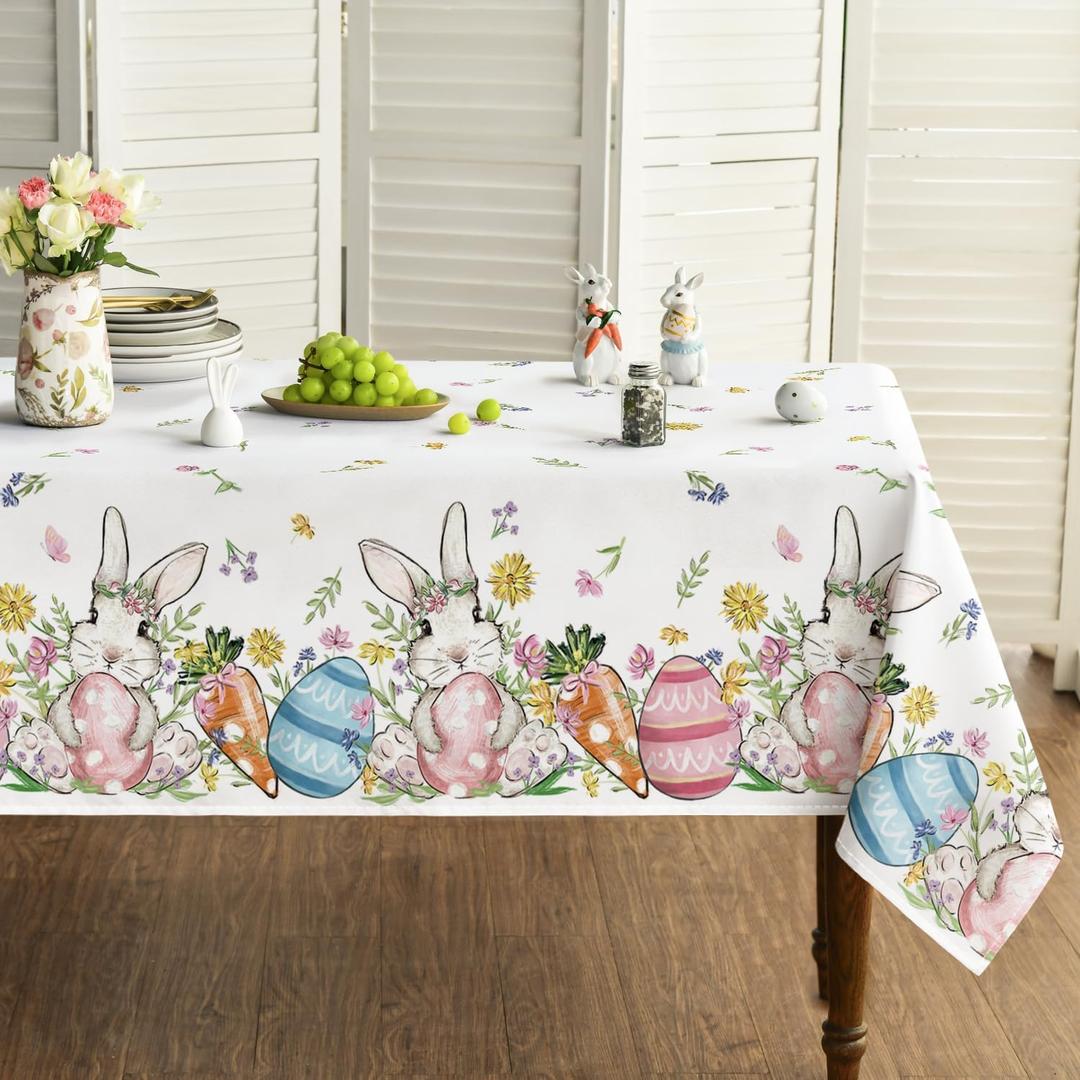 Horaldaily Easter Tablecloth 6084 Inch Rectangular, Bunny Rabbits Carrot Easter Egg Daisy Butterfly Watercolor Washable Seasonal Table Cover for Party Picnic Dinner Decor (White)