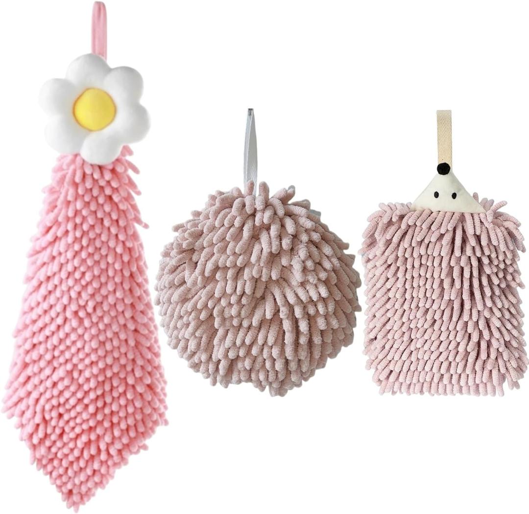 3-Pack Animal Chenille Towels - Kitchen, Bathroom Hand Towels with Loops, Quick-Dry Absorbent (Light Pink)