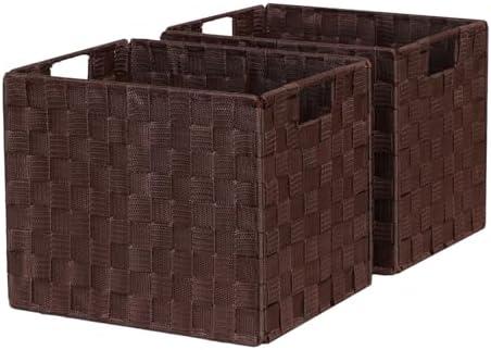 BinWhiz 2-Pack Collapsible Ribbon Woven Storage Bins with Metal Structure, Shelf Basket, Pantry Organizer, Home Decorative Utility Container (12 x 10 x 10 in, Brown)