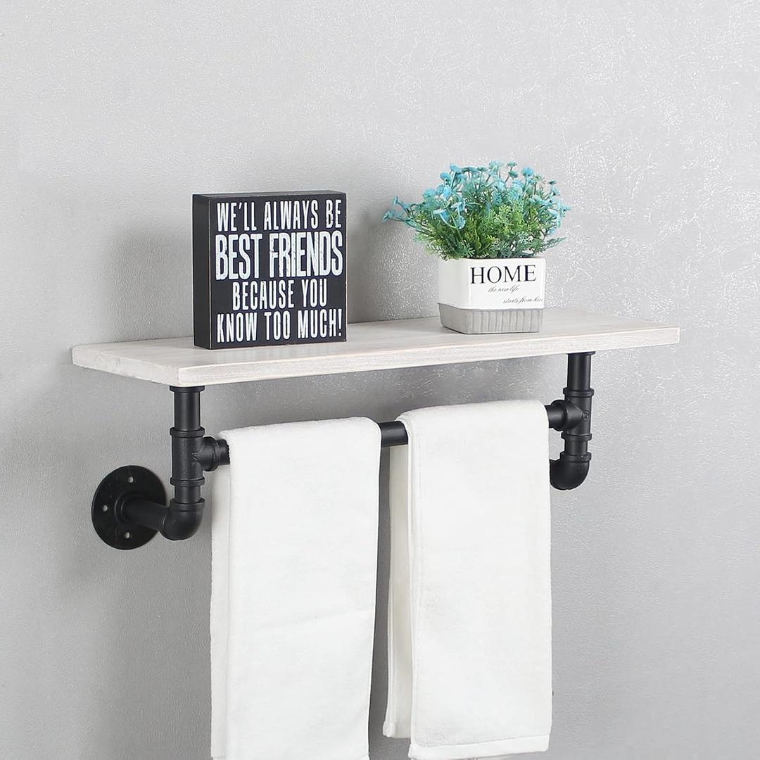 MBQQ Black & White Shelving Bathroom Pipe Shelves with Towel Bar Over Toilet, 24 inch Pine Wood Floating Shelves for Wall Mounted Bedroom,Kitchen, Farmhouse, Living Room