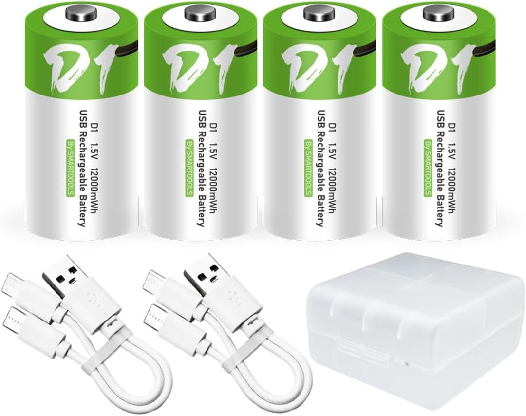 4pcs D Battery D Batteries, USB/Type-C D Rechargeable Battery, High Capacity 1.5V 8000mAh 12000mWh 3 Hours Fast Charge, Cycle Times up to 1200x with Type-C Port Charging Cable