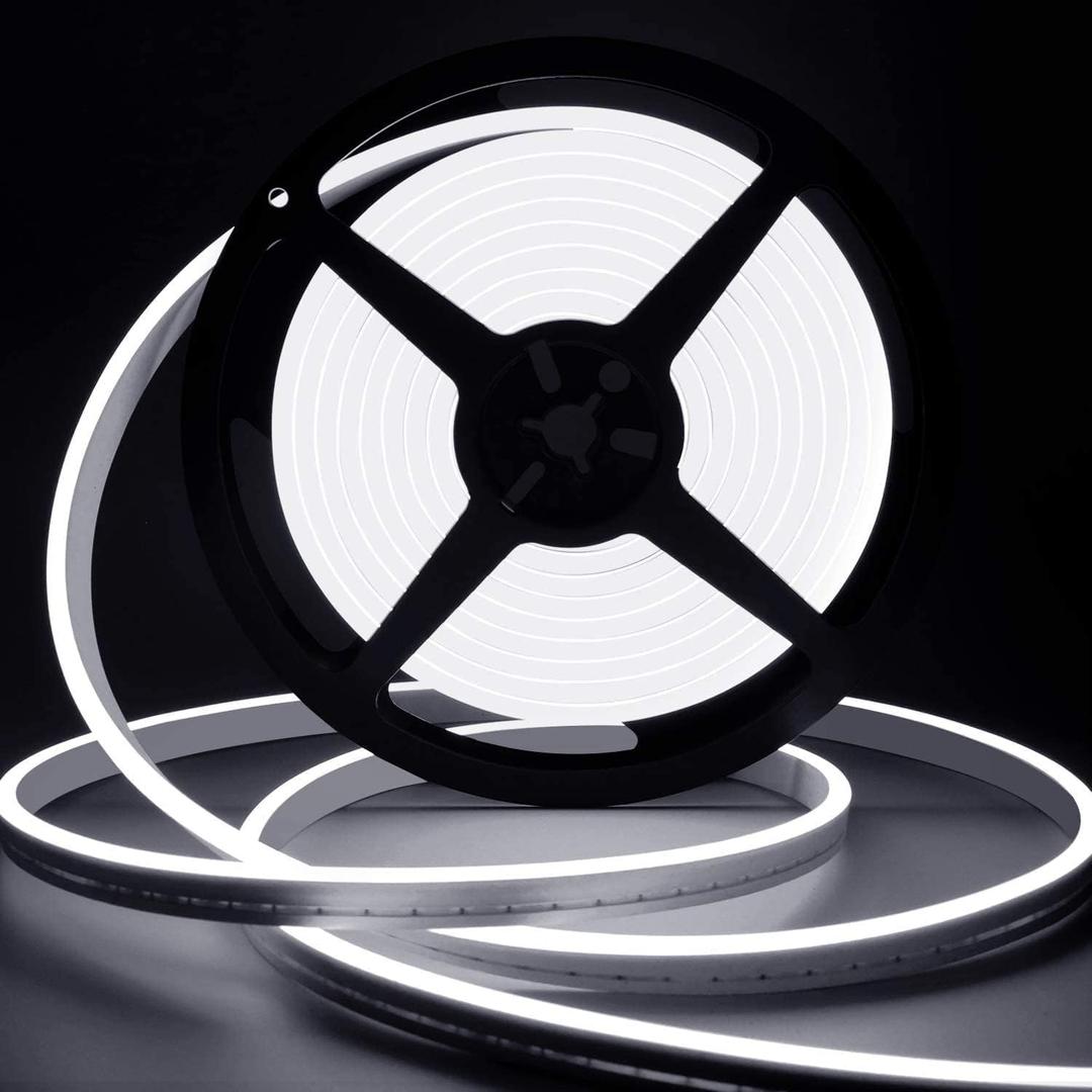 Lamomo LED Neon Rope Light, 12V White Neon LED Strip Light, 16.4ft/5m Dimmable Waterproof Strip Lighting, Silicone DIY Sign for Bedroom Indoor Home Decor (Power Adapter Included)
