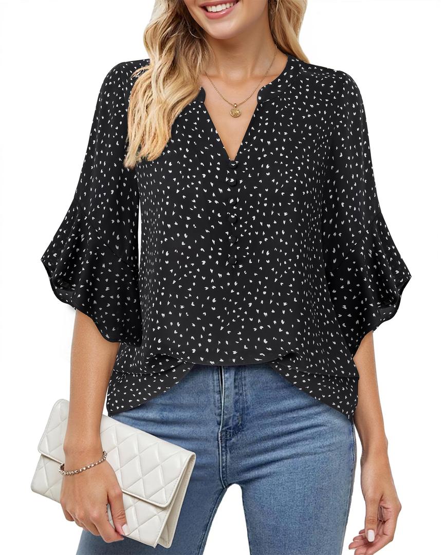 Lotusmile Womens Tops Dressy Casual: 3/4 Length Sleeve - Office Attire 2025 - Business Casual Outfits for Women Notch V Neck Lightweight Flowy Formal Work Wear Career Blouse Professional Dress Shirt (Black)