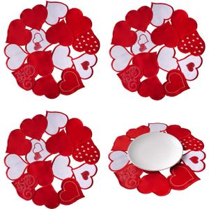 Red Heart Round Placemat Embroidered Placemats for Home Kitchen Dining Wedding Valentine (14 in)