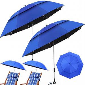 Nuanchu 2 Pcs 49" Double Canopy Beach Umbrellas with Clamp Upf50+ Beach Chair Umbrella with Clip 360 Adjustable Portable Outdoor Wheelchair Patio Golf Carts Camping Stroller Fishing