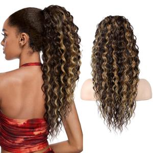 SEIKEA Ponytail Extension, PT005 Isabella 22" Long Bohemian Curly Drawstring Ponytail Light Fluffy Multi Layered Clip in Hair Extensions Ponytail Chocolate Brown Caramel Blonde Highlights