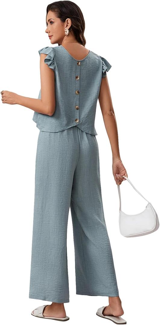 OYOANGLE Women's Two Pieces Outfits Solid Cap Sleeve Top And Long Pants Summer Vocation Travel Lounge Sets (Large)