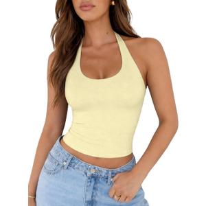 ForeFair Women Sexy Halter Neck Backless Going Out Tops Open Back Sleeveless Slim Fit Y2k Summer Tops (Yellow, L)