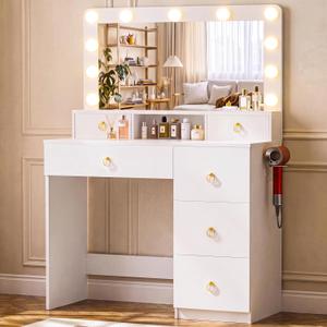 COMHOMA Makeup Vanity Desk with Mirror and Lights, Vanity Table with Divided Drawer and Storage Cabinet, 32In Full Size Mirror& Adjustable 3 Color Modes, Open Storage Shelf, White and Gold