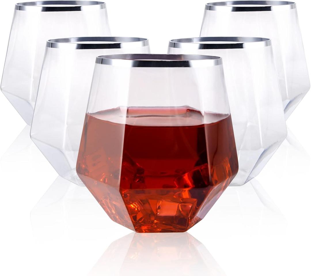 LUODA 32 Pack Silver Plastic Wine Glasses,12 Oz Disposable Whiskey Glasses, Silver Stemless Diamond Shaped Wine Glasses For Serving Wine, Cocktail, Whiskey,Wedding