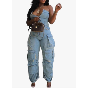 Tbahhir Women's Sexy Off Shoulder Tube Denim Cargo Jumpsuits Wide Leg Baggy Loose Jean Pants Rompers Overalls Size M