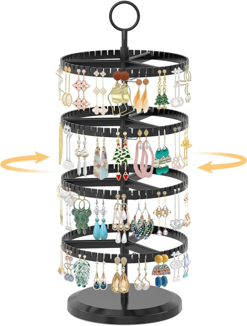 EsLuker.ly Earring Holder Organizer Rotating Stud Display Tree Rack with 228 U-Slots for Women Girls, Large Adjustable 4 Tier Plastic Storage Stand with Metal Tray for Pierced Hoop Post Earring, Black