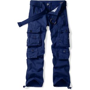 OCHENTA Men's Cotton Casual Cargo Work Pants Baggy Travel Hiking with Multi Pockets (No Belt) (32, Dark Blue)
