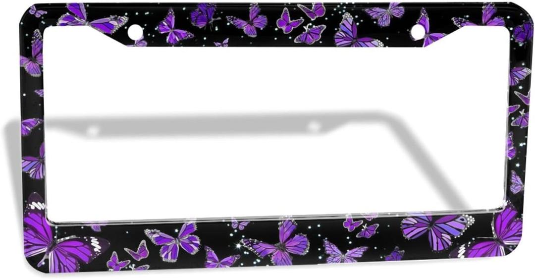 Purple Butterfly License Plate Frame - 1 Pack Beautiful Fluttering Butterfly License Plate Holder Aluminum Metal Car Tag Cover with 2 Holes Customized Decorative for Women US Vehicle Standard