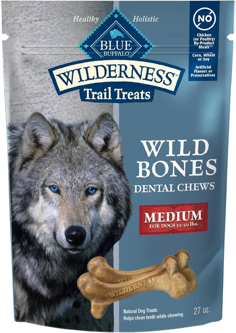 Blue Buffalo Wilderness Wild Bones Grain-Free Dental Chews Dog Treats, Medium, 27-oz Bag (EXP 03/24/26)