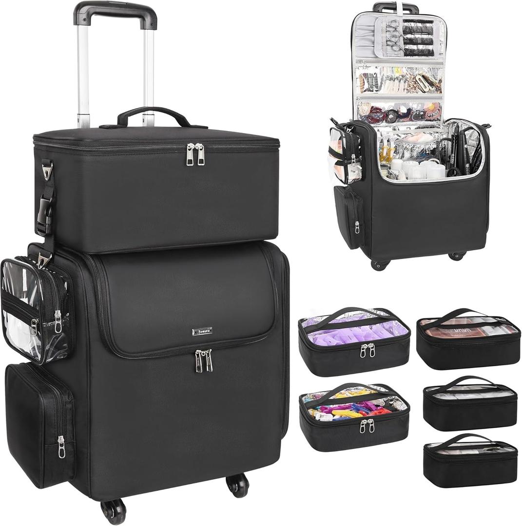 Relavel Rolling Makeup Case, Hair Tools Travel Bag Cosmetology Case on Wheels with 2 Clear Bags, Professional Hairstylist Bag Makeup Artist Storage Train Case Barber Organizer with 360° Spinner Wheels