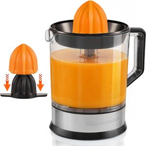 Elite Gourmet ETS740 BPA-Free Electric Citrus Juicer with 2 Cones, Compact, Large Volume, Pulp Control, Oranges, Lemons, Limes, Grapefruits with Easy Pour Spout, 1.2L, Black/ Stainless Steel