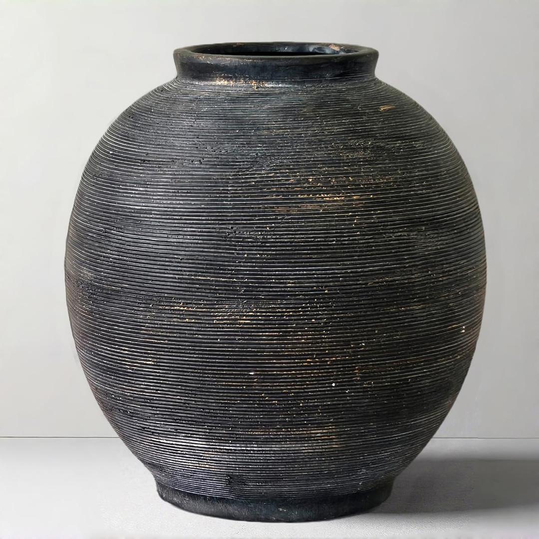 Large Black Ceramic Vase, 10.8" H, Black Bronze Glaze