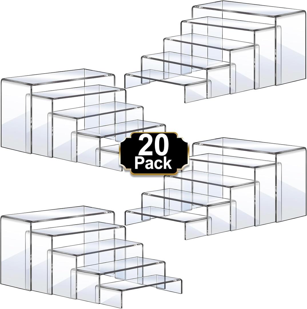 Aheroi Acrylic Risers, 20 Pcs 4 Set Display Stands, Clear Rectangular Risers for Decor, Cupcake Funko, Shoe Display (1-3-4-5-6IN)