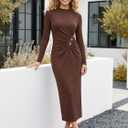 ZESICA Womens 2026 Fall Long Sleeve Mock Neck Bodycon Midi Dress Ruched Knit Elegant Party Cocktail Formal Dresses (Brown, M)