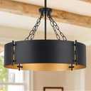 23.62'' Modern Drum Chandelier 6-Light Farmhouse Black and Gold Dining Room Light Fixture Industrial Large Pendant Lighting Rustic Hanging Light Fixtures Chandeliers for Living Room Kitchen Entryway