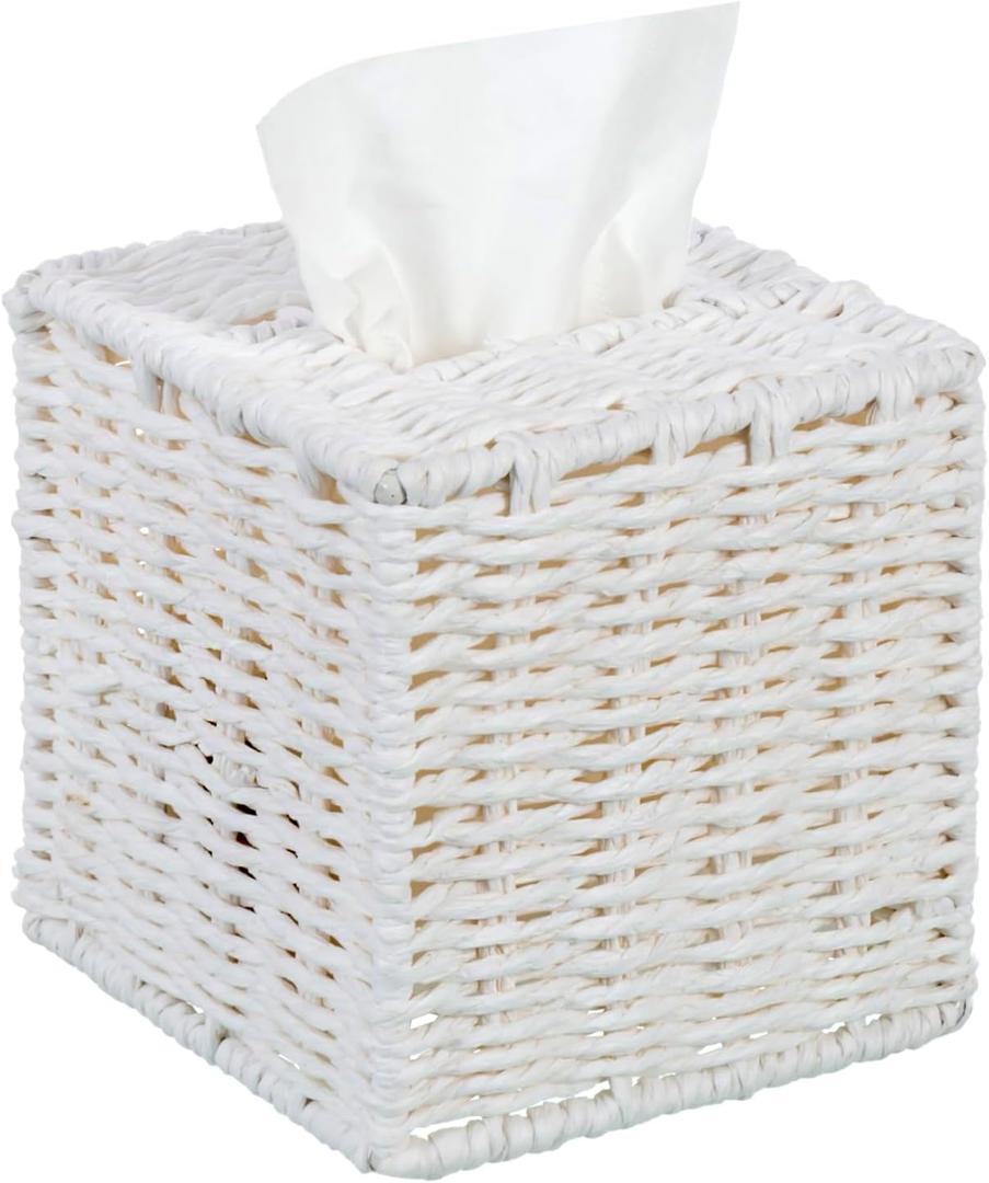 MyGift Decorative White Woven Square Tissue Box Holder with Easy Open Refill Bottom, Bathroom Decor Facial Tissues Cover with Sturdy Paper Rope Material