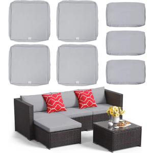 ClawsCover 7Pack Outdoor Seat and Back Cushions Replacement Covers Fit for 3/5 Pieces 4-Seater Wicker Rattan Patio Furniture Conversation Set Sectional Couch,Gray-Small (Include Cover Only), Grey