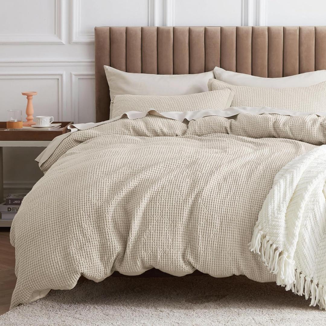 Bedsure Cotton Duvet Cover Set - 100% Cotton Waffle Weave Beige Duvet Cover Oversized King Size, GentleSoft and Breathable Bedding Set for All Season, 3 Pieces, 120"x98"