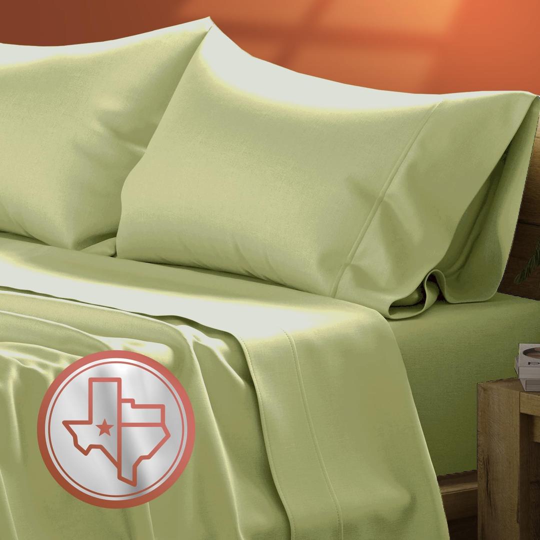 TEXAS LINEN CO. Luxury Egyptian Cotton King Size Sheet Set - 600 Thread Count 4 PC Deep Pocket Fitted and Flat Sheets, Soft, Cooling Extra Long Staple Hotel-Quality Bedding, Sateen Weave - Sage Green