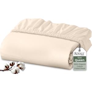 Royale Linens 100% Organic Cotton Fitted Sheet - Percale Weave - Super Soft Deep Pocket Bottom Sheets - Cream Elastic Sheet Queen Size - Queen Fitted Sheets Only - (60"x80"+15", Cream)