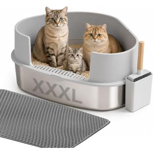 Gimars XXXL Stainless Steel Litter Box with Lid, 26.6" L x 20.3" W x 11.8" H Triangle Corner Metal Litter Box for Big Cats, Space-Saving Side Entry, High Sides, Easy to Clean