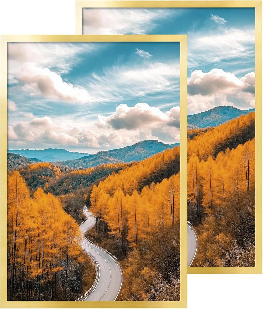 QDSSDECO 24x36 Poster Frame Gold Wood Frame with Plexiglass Horizontal and Vertical Formats Hanging on the Wall Display Picture, Set of 2, 24"x36"2pk