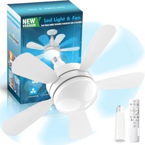17.7" Socket Fan Light, 3000 Lumens Small Ceiling Fans with Lights and Remote, E26/E27 Light Bulb Fan with Reversible Motor, Dimmable 3000K-6500K Light Socket Fan for Bedroom Kitchen Garage, White