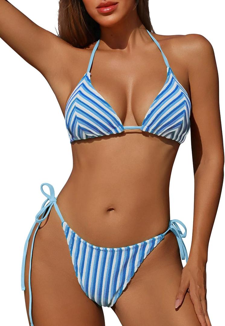 ZAFUL Women's Colorful Stripes Halter Flocking Textured Triangle Tie Side String Bikini Set High Cut Two Piece Bathing Suit (Medium, A02 Blue)
