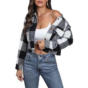Oulivey Women's Flannel Cropped Plaid Shacket Jacket Button Down Long Sleeve Shirts Tops(0068-BlackWhite-S)