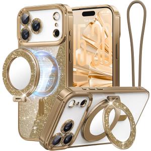 Magnetic Case Designed for iPhone 17 Pro Max with Removable Phone Ring Stand, Glitter Card & Wrist Strap, Compatible with MagSafe, Built in Mirror, Phone Ring Holder + Phone Case Kit, Desert Titanium