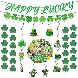 66PCS St. Patrick's Day Party Supplies Set with 2 Banner 4 Hanging Shamrock Clover 10 Hanging Swirls 50 Stickers Ornaments for Irish St. Patrick's Day Indoor Outdoor Party Decor