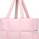 Quilted Puffer Tote Bag for Women Soft Puffy Handbags Purse Soft Lightweight Shoulder Bag (Pink)