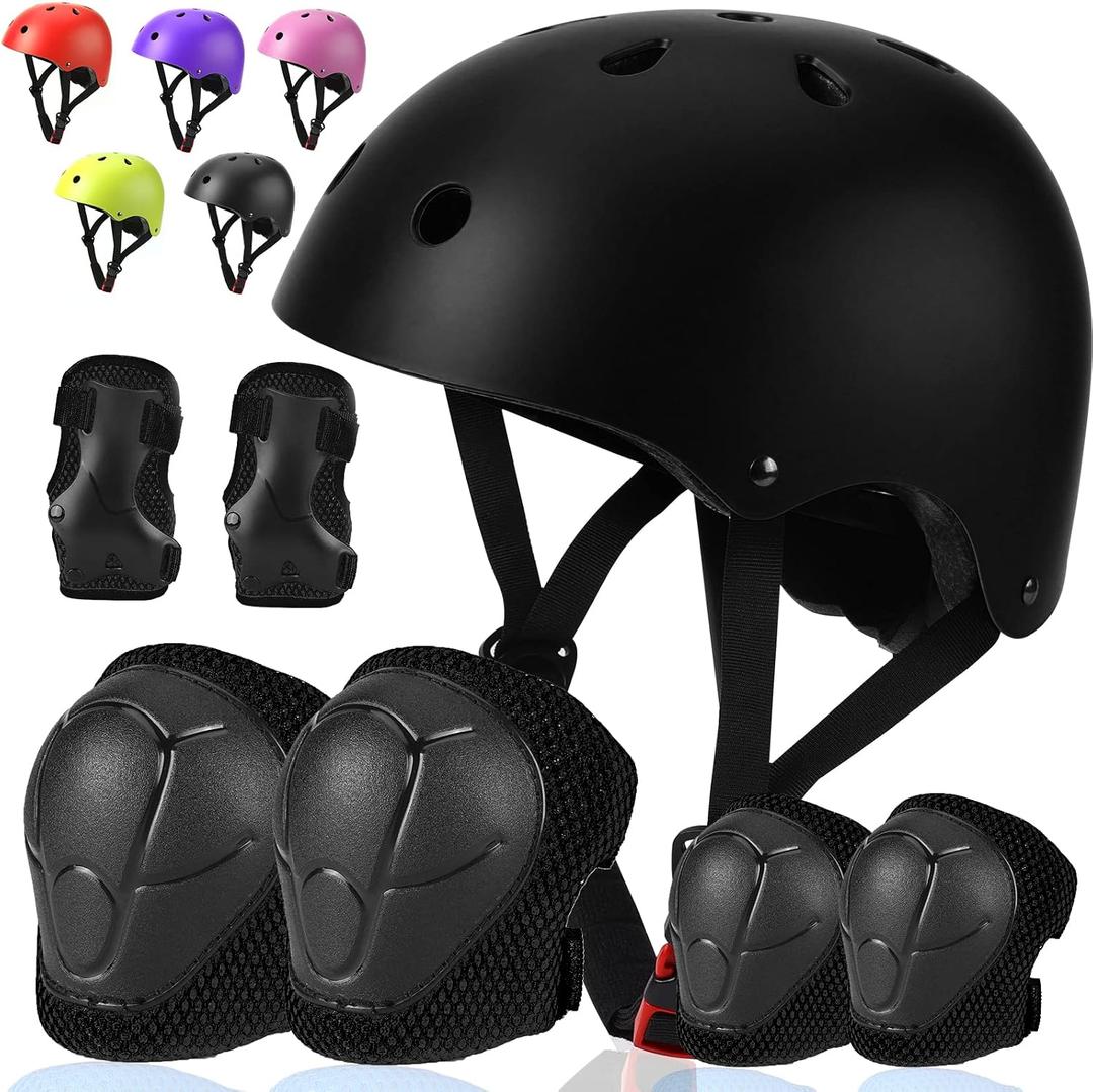 Toddler Kids Bike Helmet Set - Adjustable Cycling Helmet with Knee, Elbow Pads & Wrist Guards Sport Protective Gear Little Kid, Black, Small: 20.1"-21.2"/51-54cm