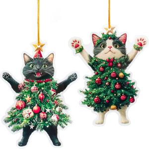 2025 Cat Tree Christmas 2D Ornaments Black Cat Acrylic Decorations for Christmas Tree Unique and Fun Christmas Decoration Gifts Specially Prepared for Pet Owners (4, Black+White)
