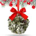 Wettarn Christmas Mistletoe Decor Artificial Kissing Ball Ornament with Bow Berries Hanging Mistletoe Decoration Natural Pine Cone Decor for Doorway Home Christmas Tree(Red,1 Pcs)