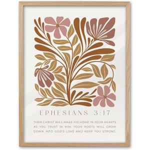 EcoHest Bible Verse Floral Framed Wall Art, 12x16 in OAK Wood Abstract Flowers Canvas Wall Art, Ephesians 3:17 Home Decor, Beige Logs Boho Christ Set of 1 for Bedroom Living Room