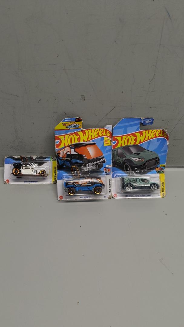 Pack Of 3 Hot Wheels Cars (Brick and Motor, Baja Bison T5, Ford Transit Connect)