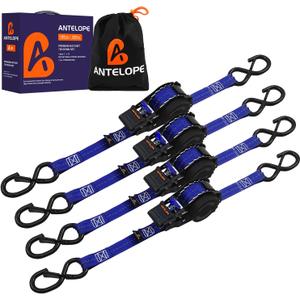 A ANTELOPE 4-Pack Auto Retractable Ratchet Strap Bundles 1" x 12', 1500 lbs Breaking Strength Each, Heavy Duty Tie-Down Straps for Securing Cargo, Weather Resistant Security S-Hooks (Blue)